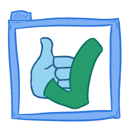 a drawing of a hollow blue folder containing a blue thumbs up and a large green checkmark.